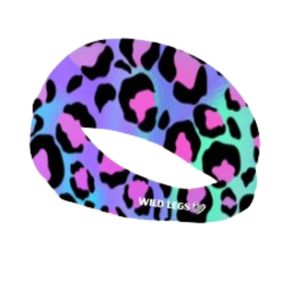 Colorful leopard print headband with 'Wild Legs' branding on a white background