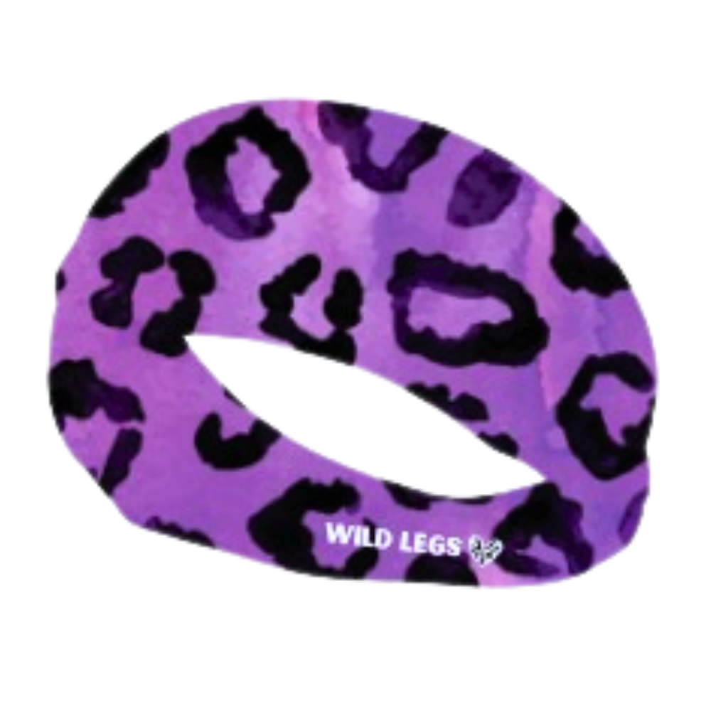 Purple leopard print headband on a white backgroud, showing the wild legs logo