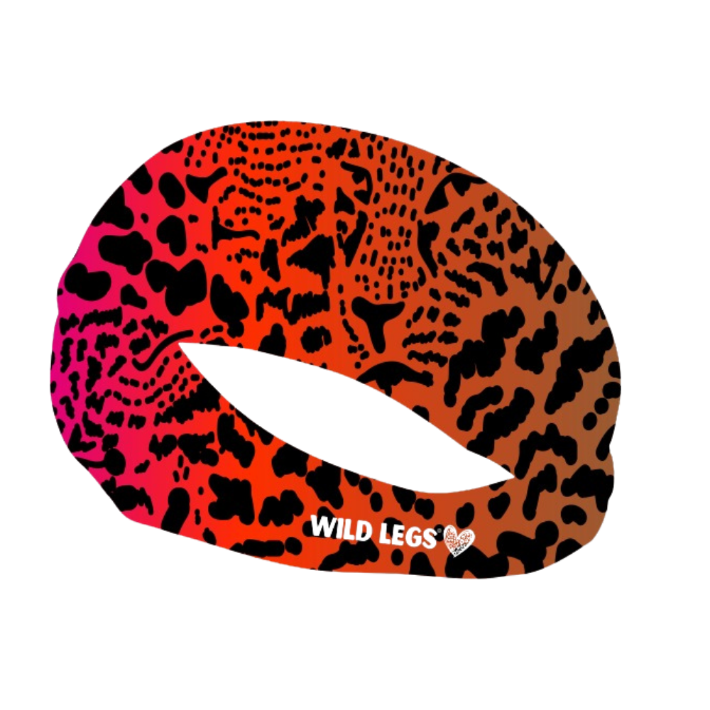 Leopard print headband with 'Wild Legs' branding on a white background