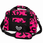 Pink and black animal print holdall bag with a heart design on a white background