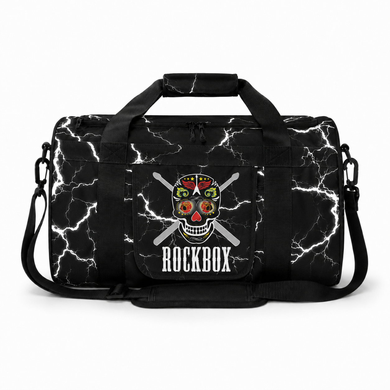 Holdall bag with white lightning pattern and colorful skull design on a white background