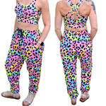 Two views of a colorful leopard print outfit with a crop top and pants.