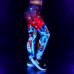 Christmas Leggings under UV light with snowman, winter scene and red skies with snowflakes and golden stars