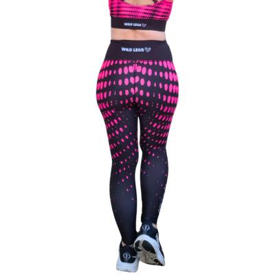 Black and pink patterned leggings with a white background