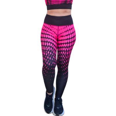 Black and pink gradient leggings with a sports bra on a white background