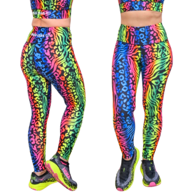 Colorful animal print leggings worn by a person on a white background