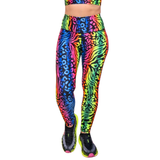 Colourful animal print leggings worn by a person on a white background