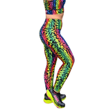 Colorful leopard print leggings with a matching top on a white background