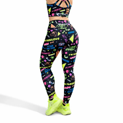 Neon patterned slogan leggings on a person on a white background