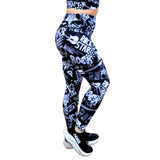 Black and white patterned leggings with 'Rock Star' text on a white background