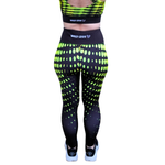 Black leggings with neon yellow pattern and 'Wild Legs' branding on a white background