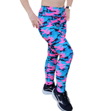 Blue and pink camouflage leggings worn by a person on a white background