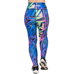 Colorful geometric-patterned leggings on a white background
