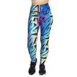 Colorful geometric patterned leggings on a white background