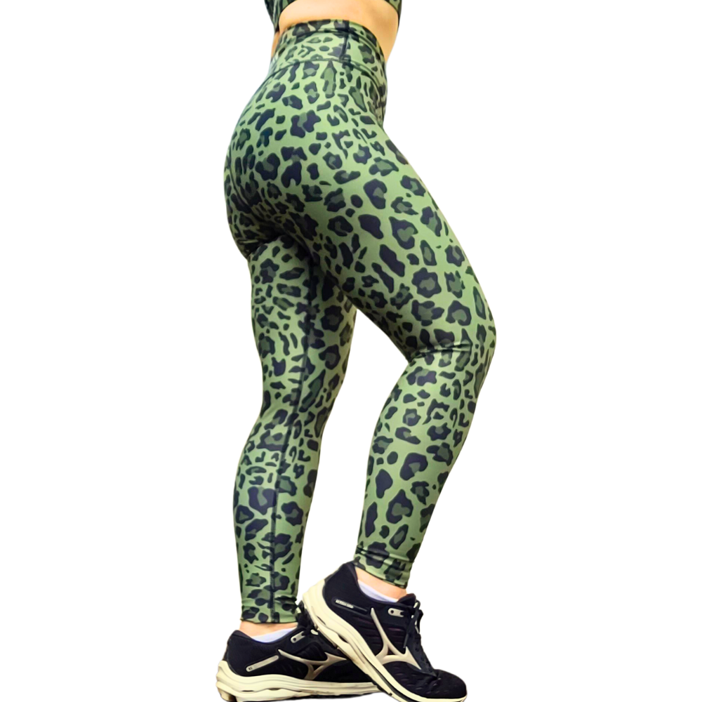 Khaki Green leopard print leggings worn by a person on a white background