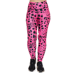 Pink leggings with black pattern on a white background