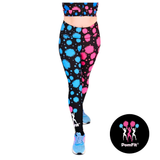 Black leggings with blue and pink patterns worn by a person, with PomFit logo in the corner.