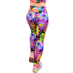 Colourful neon floral patterned leggings leggings on a white background, rear view