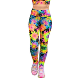 Colourful neon floral patterned leggings leggings on a white background, front view