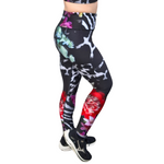 Leggings with a colourful  floral abstract design on a black background