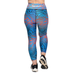 Blue and flaming orange tiger pattern leggings with 'Wild Legs' waistband on a white background