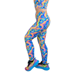 Colorful leggings with a rainbow pattern on a white background