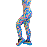 Colorful leggings with a rainbow pattern on a white background