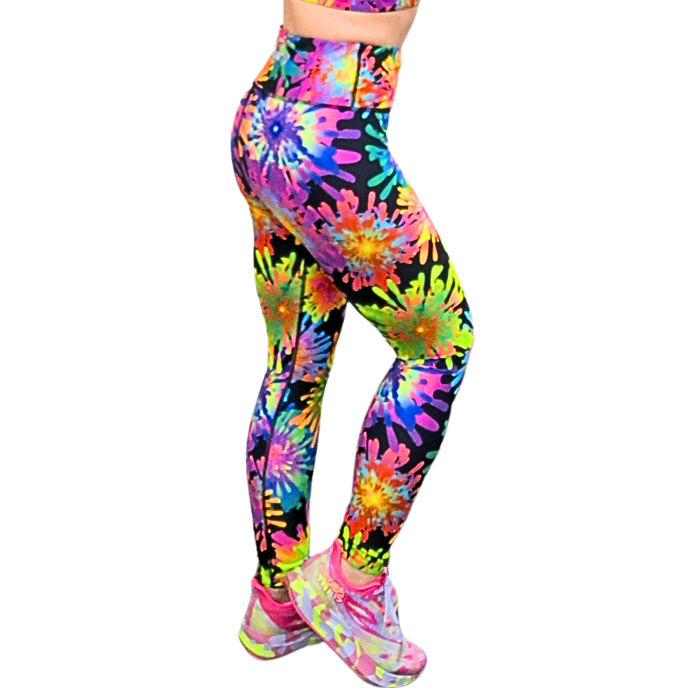 Colourful neon floral patterned leggings leggings on a white background