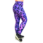 Purple and black leopard print leggings worn by a person on a white background