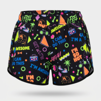 Colorful shorts with text and graphics on a black background