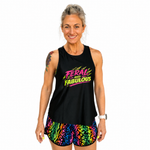 A woman modeling a black sleeveless tank top with a colorful graphic that reads 'FERAL AND FABULOUS' in neon pink, yellow, and green, paired with neon patterned shorts, against a plain white background.