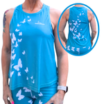 Blue tank top with butterfly patterns worn by a person, with a close-up inset showing details.