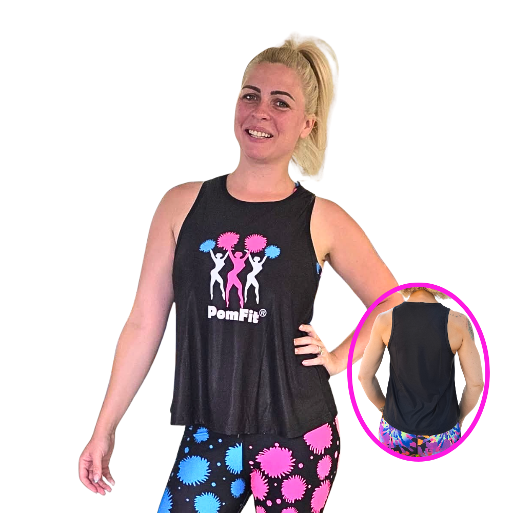 Black fitness vest with PomFit Logo worn by a blonde woman with colourful leggings and a back view of the vest 