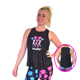 Black fitness vest with PomFit Logo worn by a blonde woman with colourful leggings and a back view of the vest 