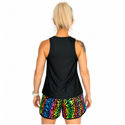 A woman shown from the back wearing a black sleeveless athletic tank top and bright rainbow-colored patterned shorts against a plain white background.