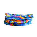 Colorful neck gaiter with abstract pattern on a white background