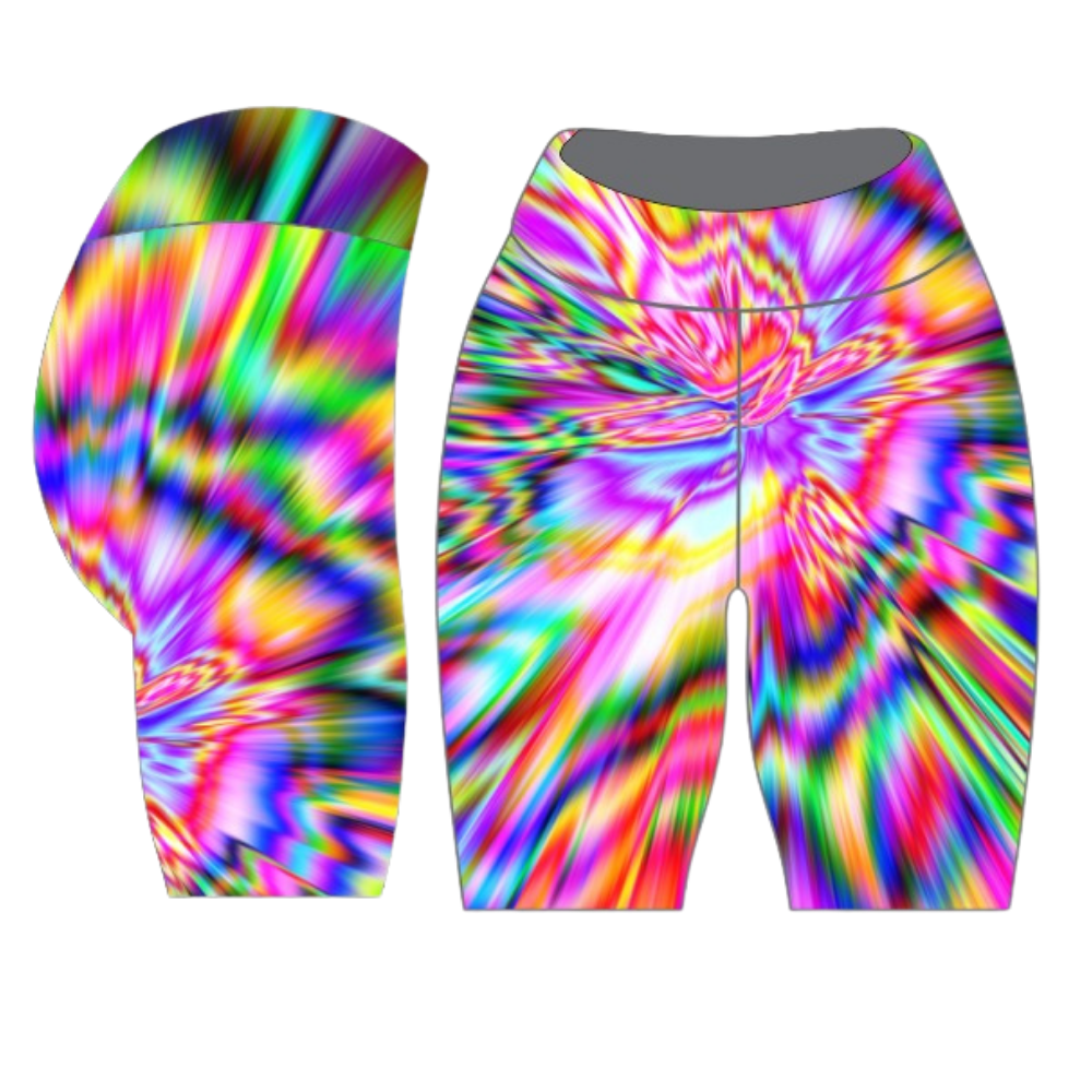 Colorful tie-dye shorts on a white background
