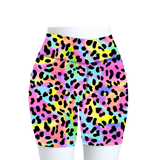 Pastel shades and black leopard print ladies fitness shorts on a white background