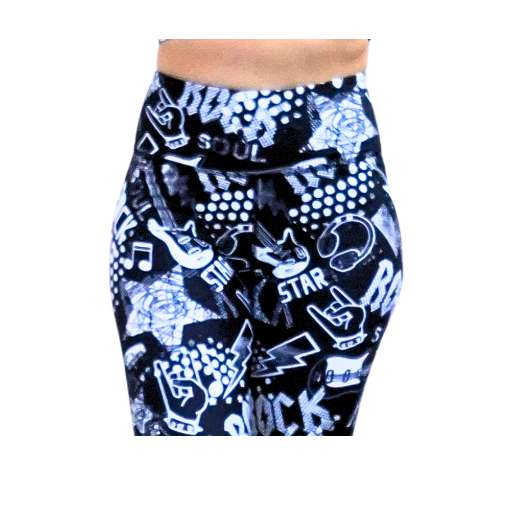 Rockstar print black and white shorts on a white background