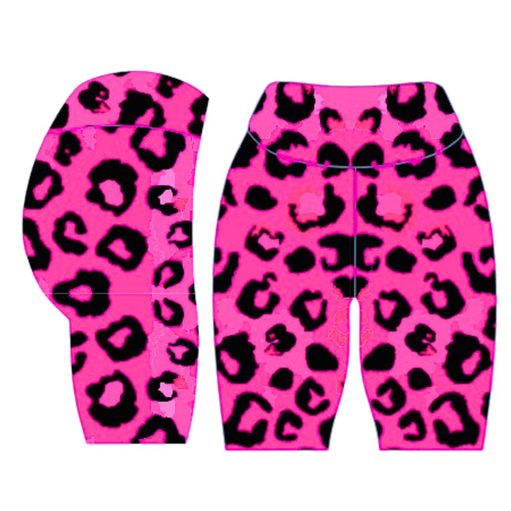 Pink shorts with black leopard print pattern on a white background