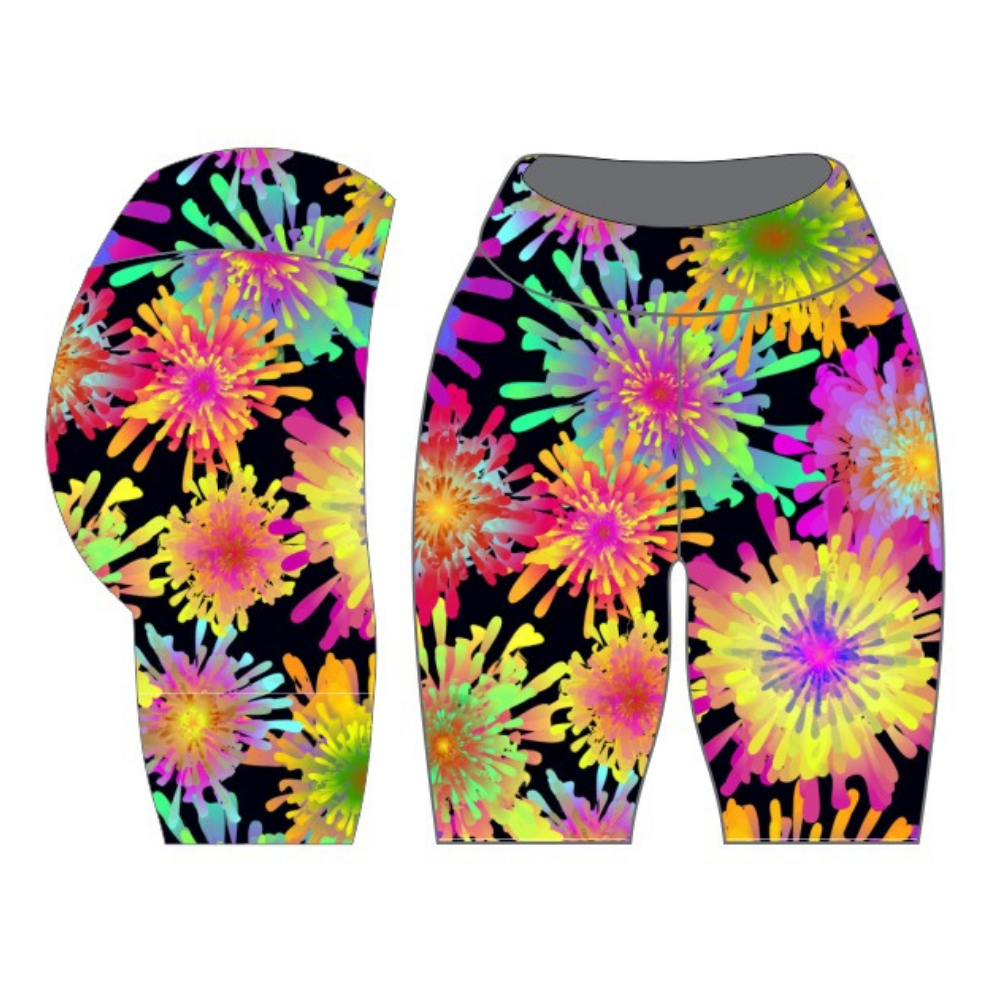 Colorful tie-dye shorts on a white background