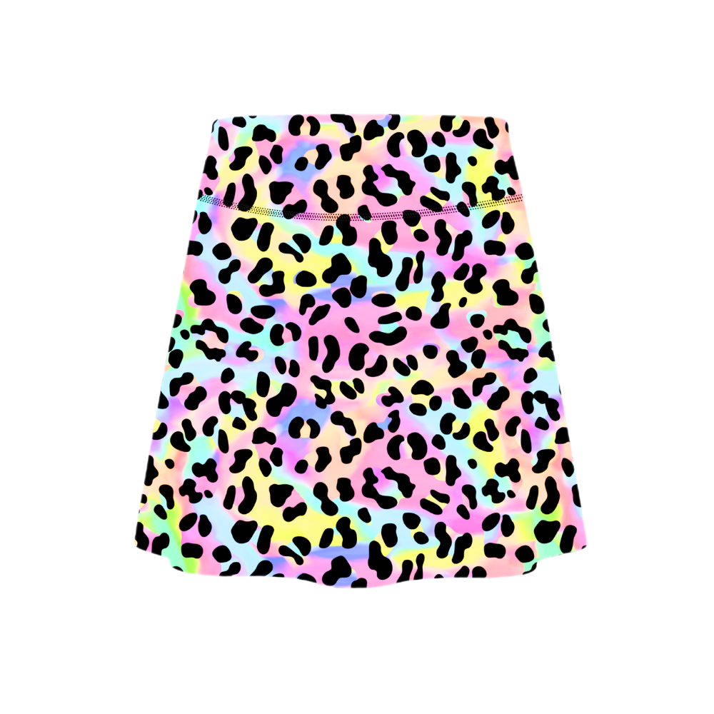 Ladies fitness skort in pastel tones with black animal print on a white background