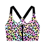 Front fastening ladies sports bra in pastel shades and black animal print with black straps on a white background
