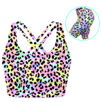 Women's sports bra in pastel shade and black animal print with a small image of matching leggings on a white background