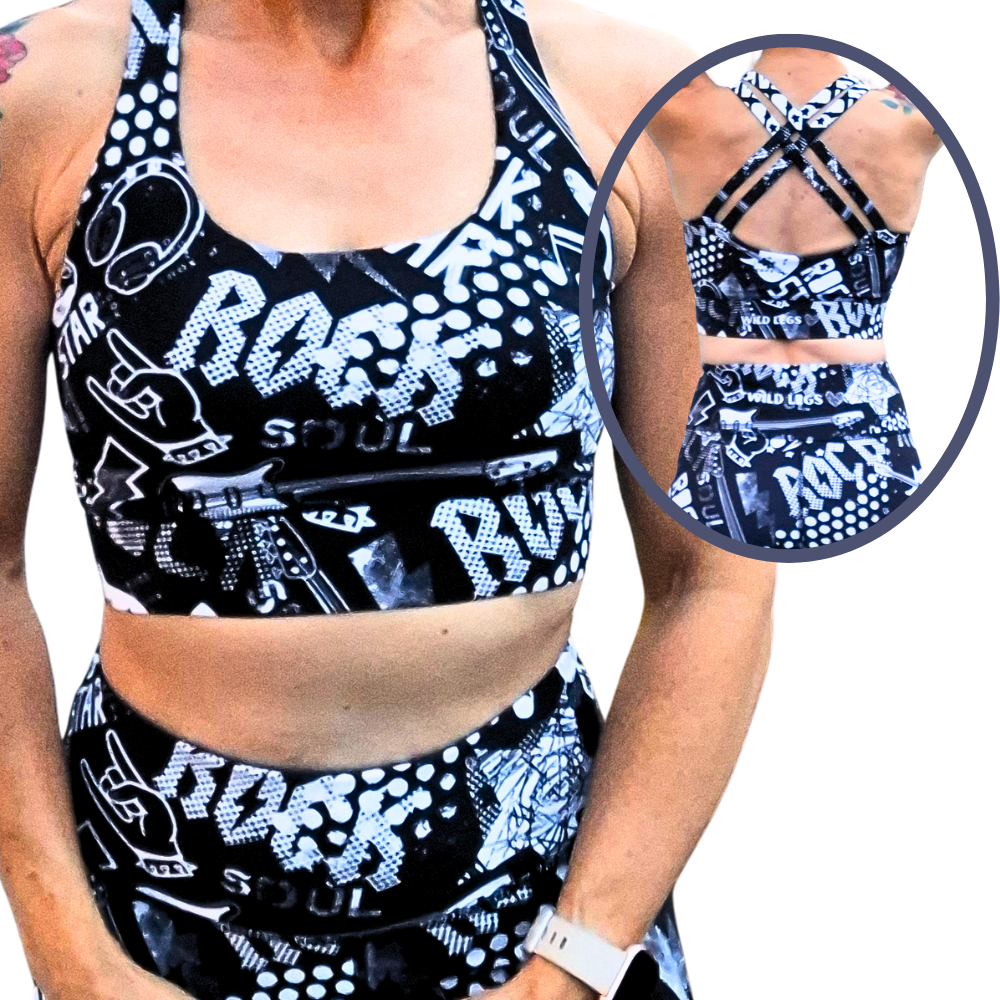 Black and white patterned sports bra and shorts set on a person, with a close-up of the bra.