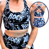 Black and white patterned sports bra and shorts set on a person, with a close-up of the bra.