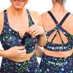 Two views of a person wearing a sports bra and shorts with star pattern and 'Wild Legs' branding.