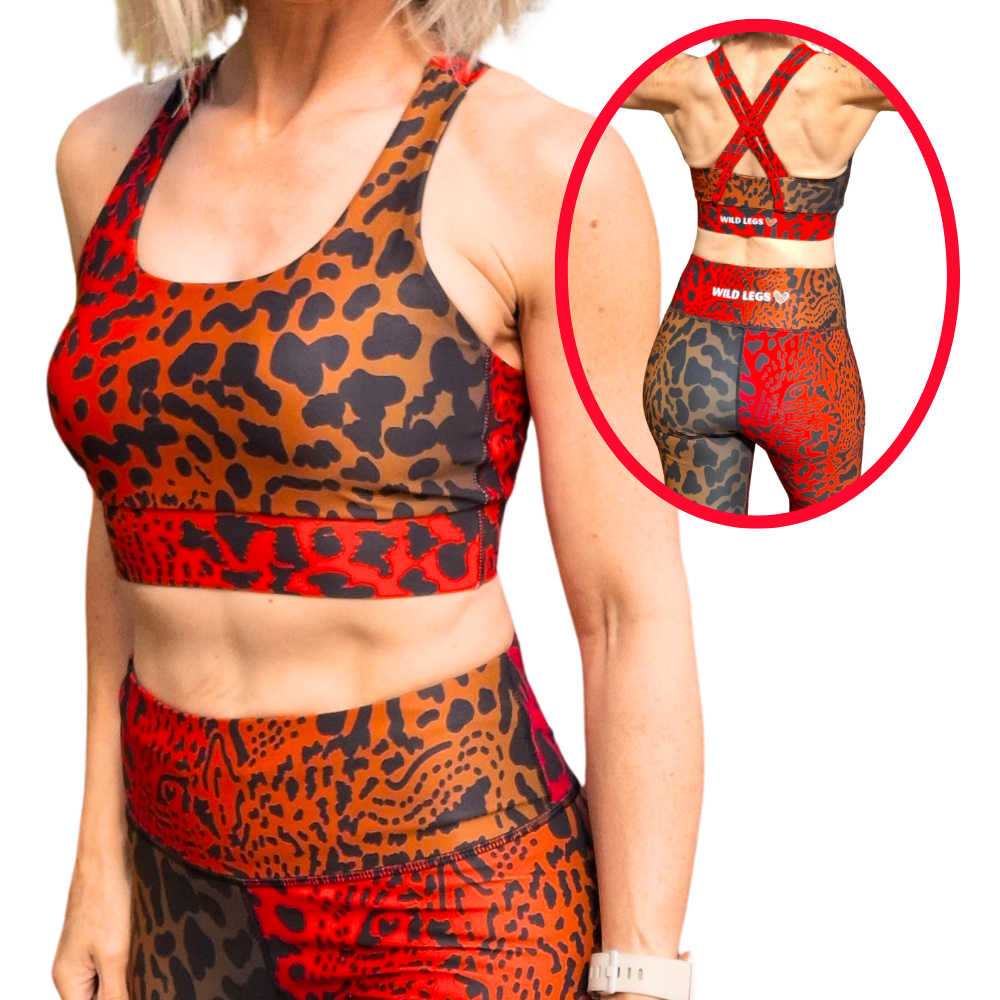 Leopard print sports bra and leggings set with a close-up of the back design.