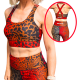 Leopard print sports bra and leggings set with a close-up of the back design.