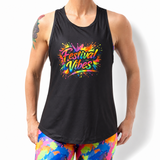 Person wearing a black tank top with 'Festival Vibes' text and colourful leggings on a white background
